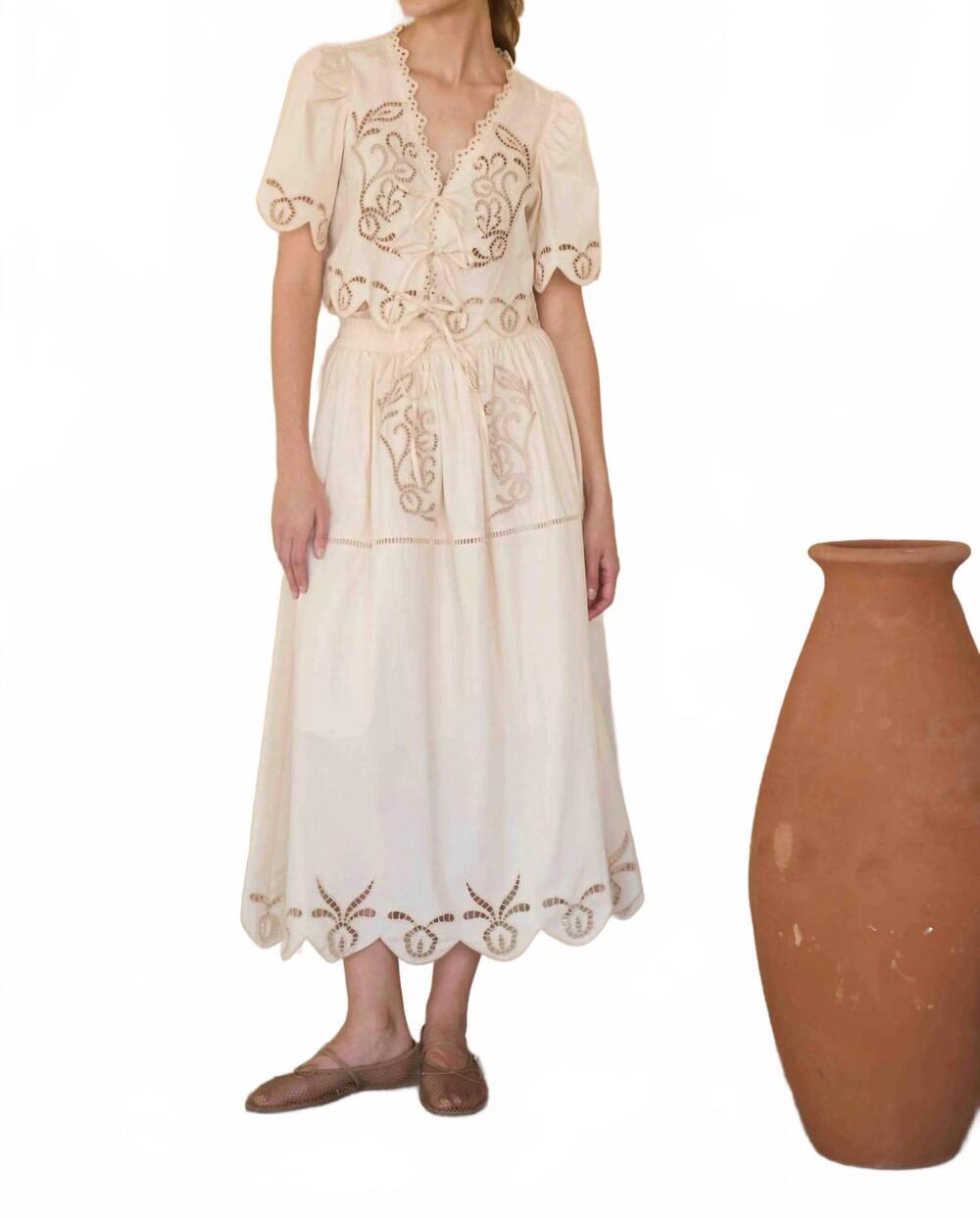 NEW MOON RIVER eyelet ladder lace front tie short sleeve top in off-white